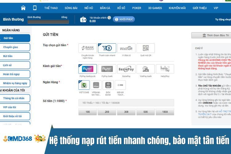 Hệ thống nạp rút tiền nhanh chóng, bảo mật tân tiến